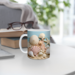 Personalized ocean-themed ceramic mug. Sublimated beach design mug detail. Seashell pattern coffee mug with name. 